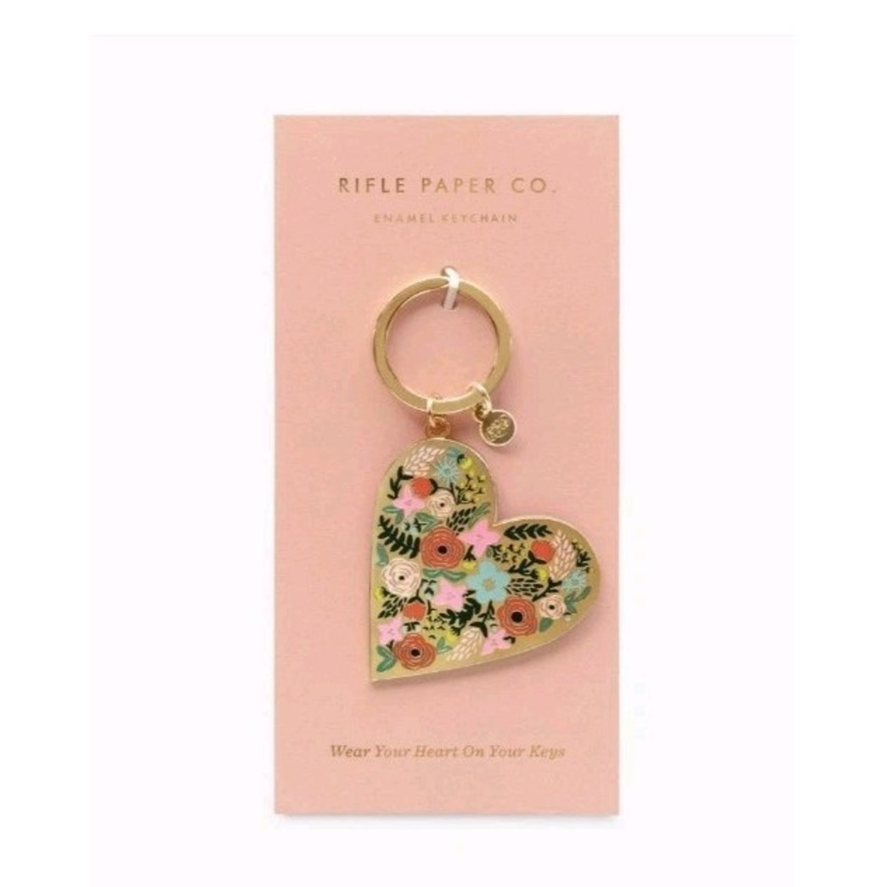 Rifle Paper Co. Enamel Floral Heart Keychain Metal Gold-Tone Multicolor NIP